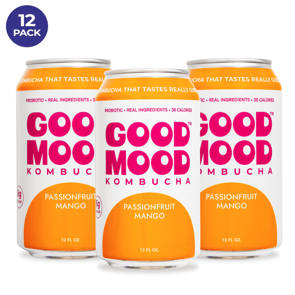 GoodMood Kombucha, Passionfruit Mango, Low Sugar & Gluten-Free, 12 Pack, 12 fl oz Cans