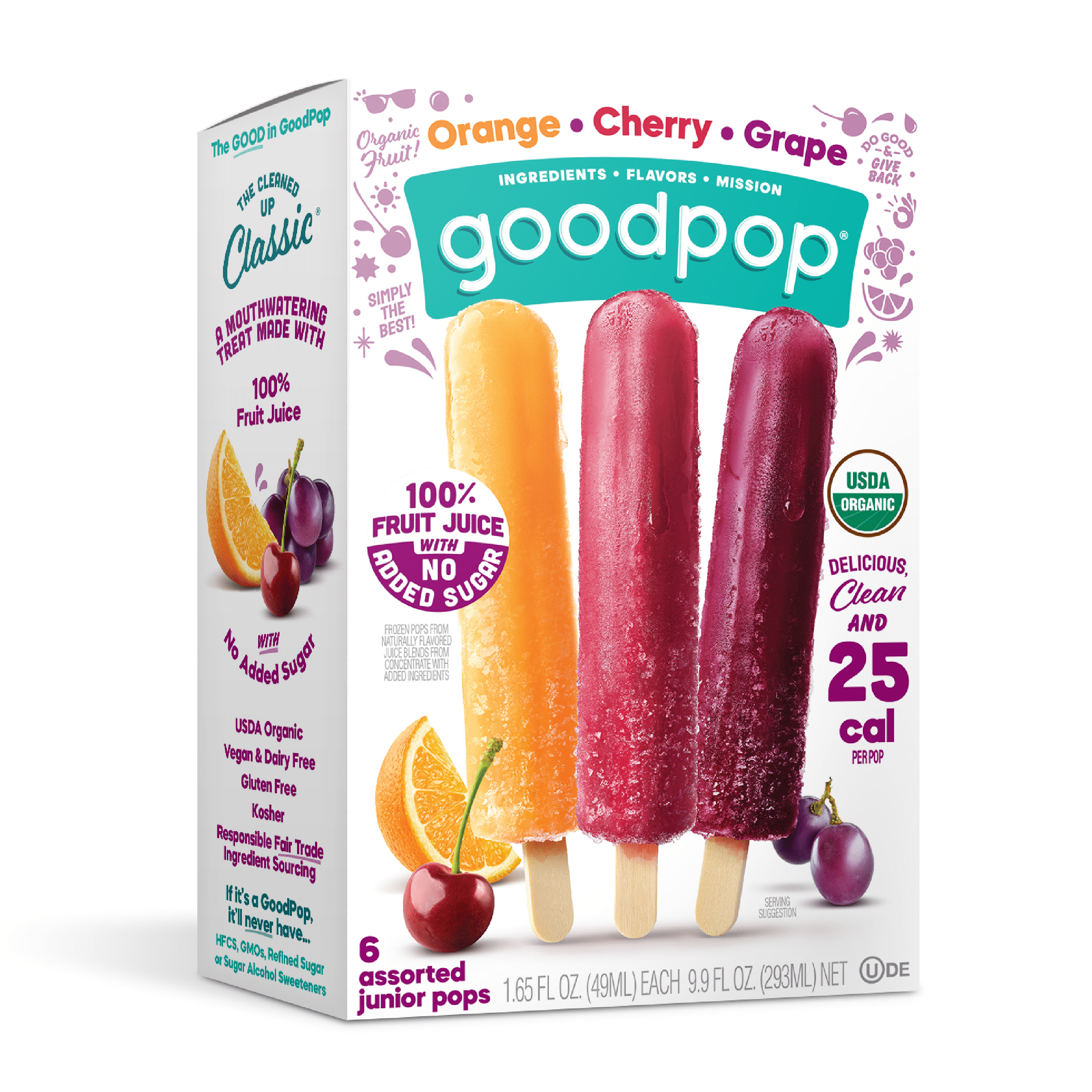 GoodPop Organic Junior Pops Orange Cherry Grape Pack, 100% Juice Ice Pops,  6 Ct
