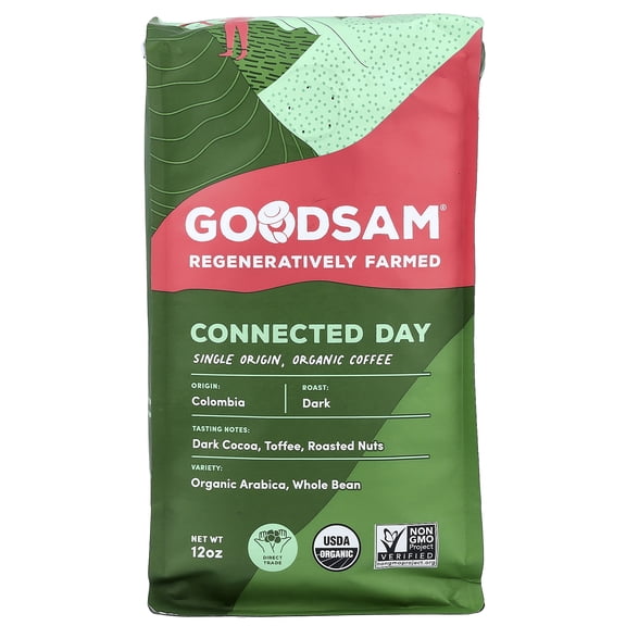 GoodSam Single Origin Organic Coffee, Connected Day, Whole Bean, Dark Roast, 12 oz