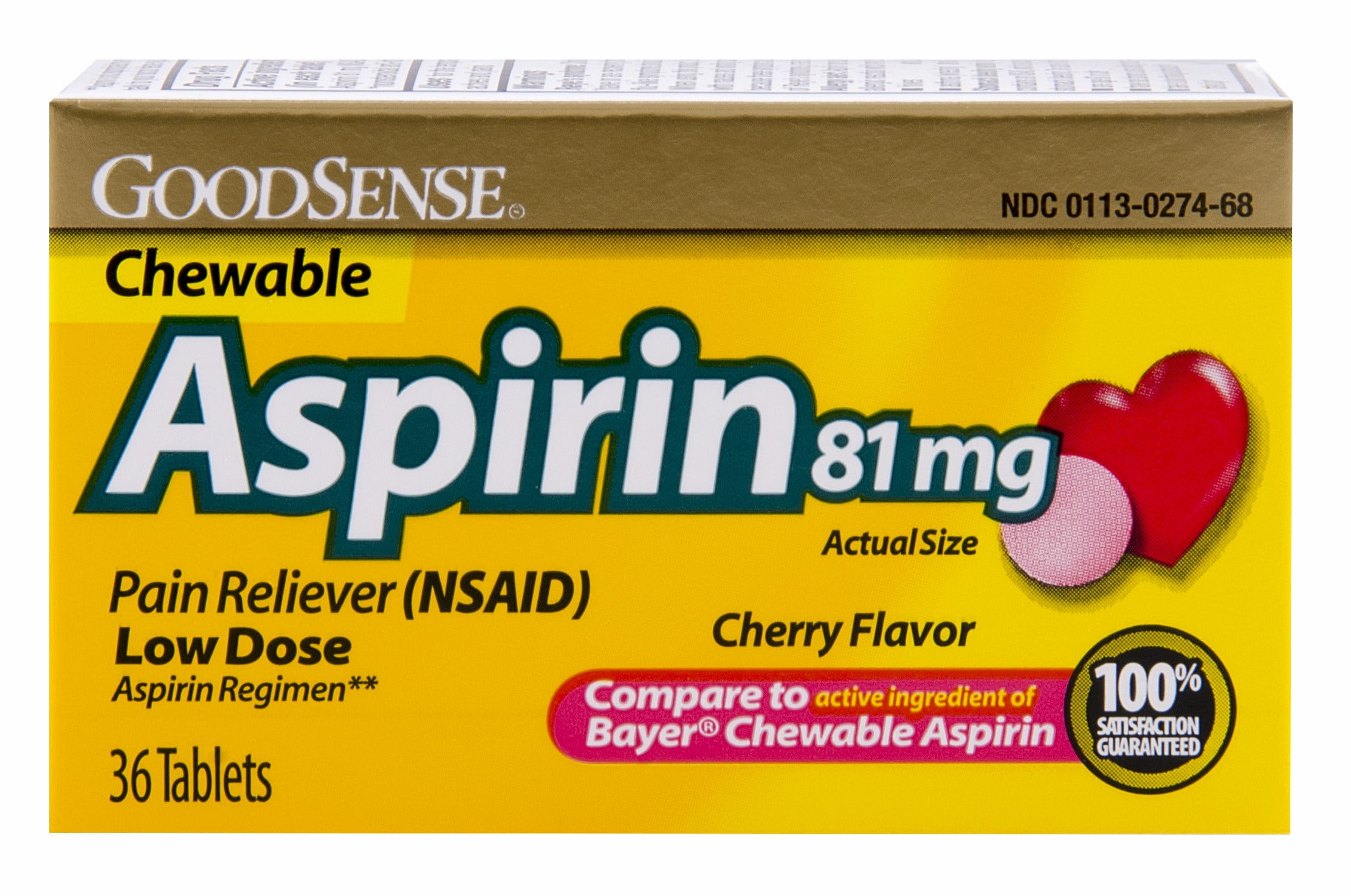 GoodSense Aspirin Pain Reliever 81 mg Cherry Flavored Chewable, 36
