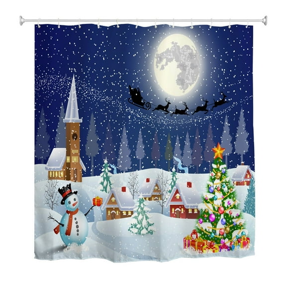 Goodbath Christmas Shower Curtain, Xmas Trees Winter Landscape Snowman Night Santa Sleight Present Box Waterproof Shower Curtains Bathroom, 72 x 72 Inch