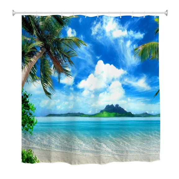 Goodbath Extra Long Shower Curtain 84", Beach Tropical Palm Trees Coast Theme Waterproof Fabric Bath Curtains for Bathroom, 72 x 84 inches,Green Blue