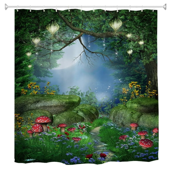 Goodbath Forest Shower Curtain,Enchanted Trees Mushroom Fairy Lanterns Shower Curtains for Bathroom Waterproof Polyester Fabric,72x72 inhces,Green Red