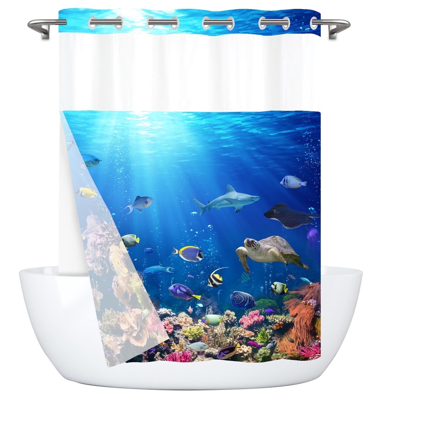 Goodbath No Hook Shower Curtain with Snap in Liner,Underwater Ocean World Sea Life Tropical Fish Turtle Coral Reef Fabric Shower Curtains, Double Layer, Mesh Top Window,71 x74 inches,Bright Blue