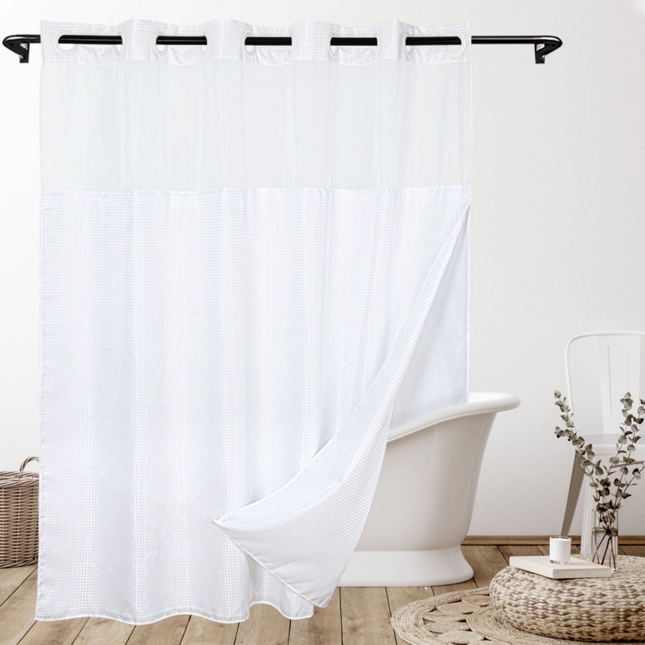 Goodbath No Hooks  Shower Curtains  With Snap in Liner Waffle Waves  Pattern for Bathroom Hotel, 72" x 74", Double Layer,Mesh Top Window,Washable, 1 Count, White