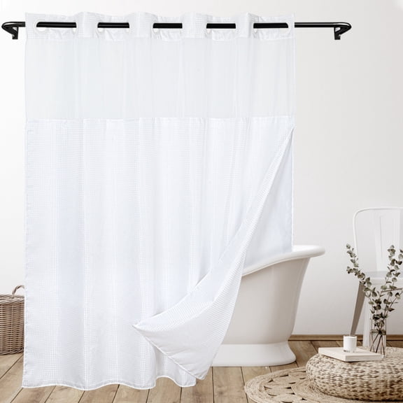 Goodbath No Hooks Shower Curtains With Snap in Liner Waffle Waves Pattern for Bathroom Hotel, 72" x 74", Double Layer,Mesh Top Window,Washable, 1 Count, White