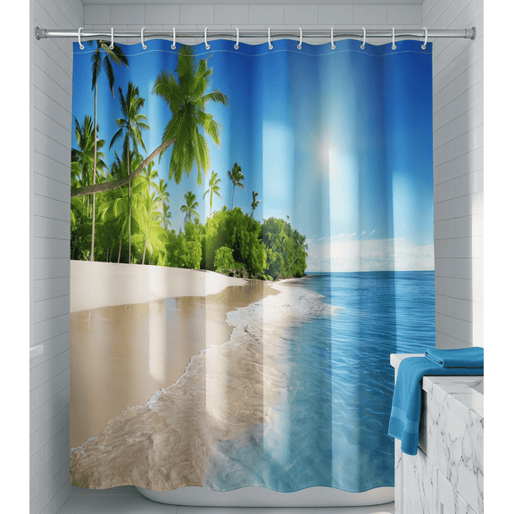 Goodbath Shower Curtain 84 inch, Ocean Beach Tropical Palm Trees Polyester Fabric Waterproof Bath Curtains for Bathroom Bathtub, Extra Long 72 x 84 inches