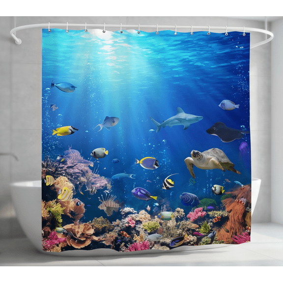 Goodbath Shower Curtain 84 inch, Underwater Ocean Sea Life Fish Polyester Fabric Waterproof Bath Curtains for Bathroom Bathtub Decor, Extra Long 72 x 84 inches