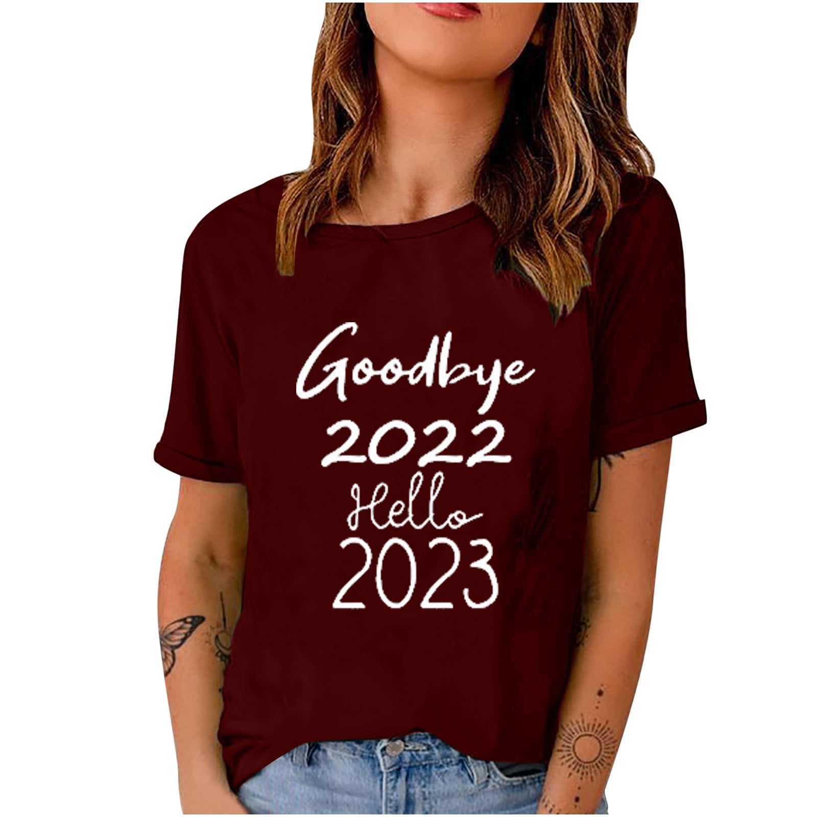 Goodbye 2022 Hello 2023 Womens Short Sleeve Tops New Years Eve Party Supplies 2023 Happy New Year T Shirt Walmart