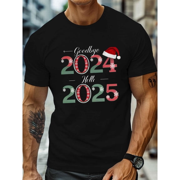Goodbye 2024 Hello 2025 Tee Santa Hat Snowflakes Design T Shirt Mens Festive Holiday Graphic Tees Top Black S-5XL