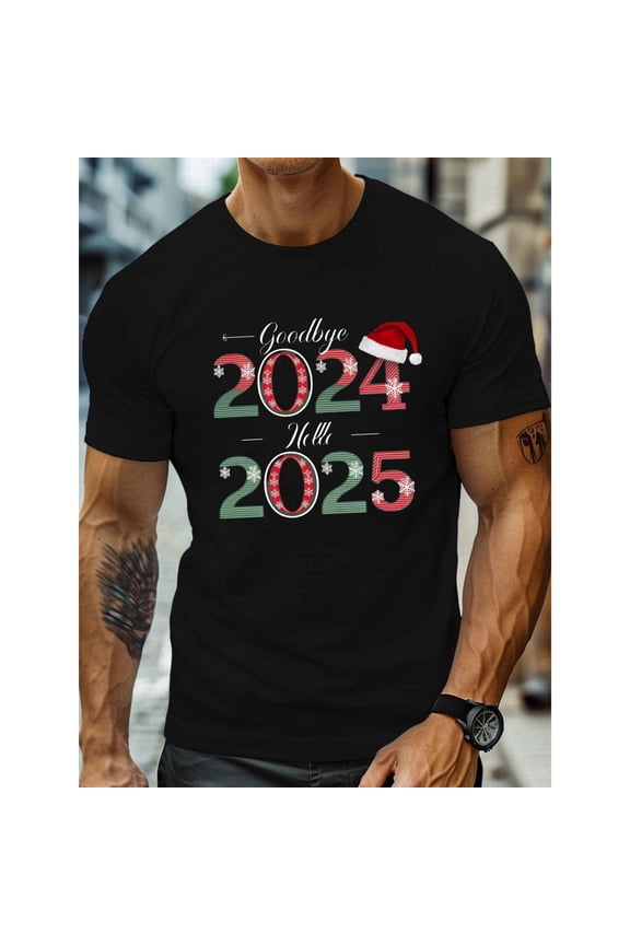 Goodbye 2024 Hello 2025 Tee Santa Hat Snowflakes Design T Shirt Mens Festive Holiday Graphic Tees Top Black S-5XL