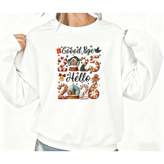 Goodbye 2025 Hello 2026 Gingerbread Theme Graphic Regular Fit Tee T Shirt Tops Round-neck long-sleeved white S-3XL