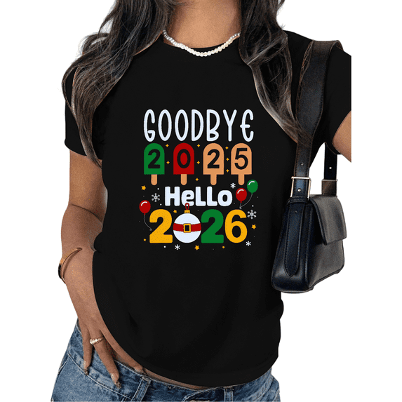 Goodbye 2025 Hello 2026 Popsicle Theme Graphic Tee T Shirt Tops Cotton well-fitting Short Sleeve Round Neck Black S-5XL