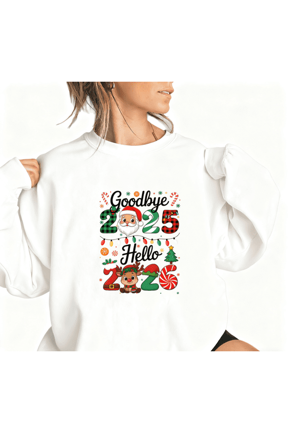 Goodbye 2025 Hello 2026 Theme Santa Claus and elk Graphic Suitable Tee T Shirt Tops Round-neck long-sleeved white S-3XL