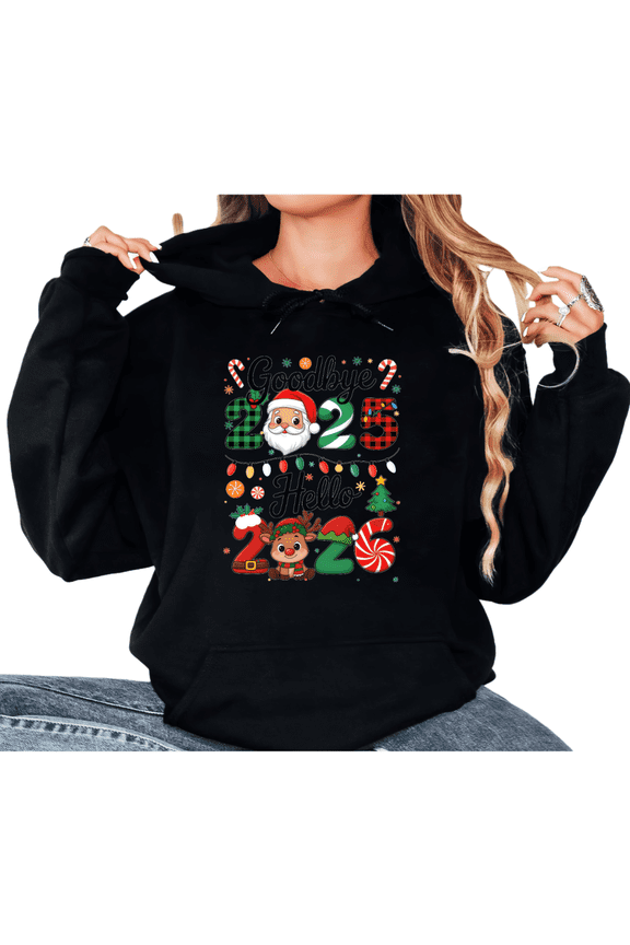 Goodbye 2025 Hello 2026 Theme Santa Claus and elk Graphic Cotton Tee T Shirt Tops Hooded long-sleeved Black S-2XL