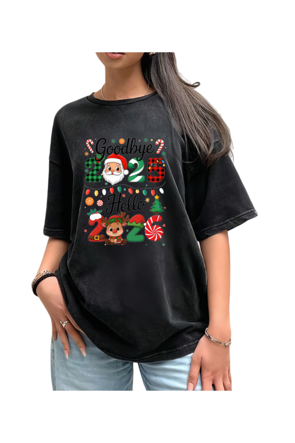 Goodbye 2025 Hello 2026 Theme Santa Claus and elk Graphic Tee T Shirt Tops Relaxed Fit Short Sleeve Round Neck Black S-2XL Plus Size