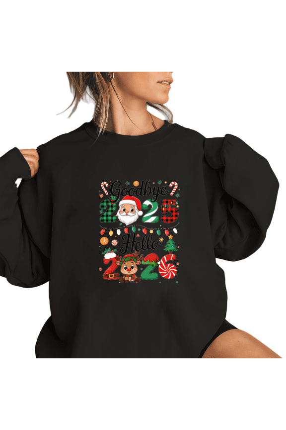 Goodbye 2025 Hello 2026 Theme Santa Claus and elk Graphic Tee T Shirt Tops Round-neck long-sleeved Black S-3XL