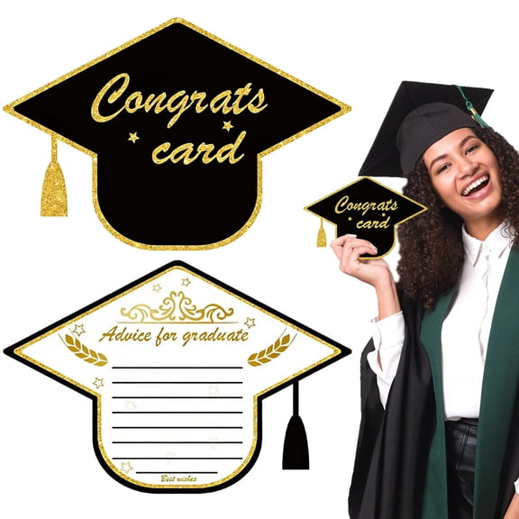 Goodbye High School Hello College Graduation Party Invitations, Black and Gold Shaped Fill-In Invite Cards with Envelopes, Set of 30
