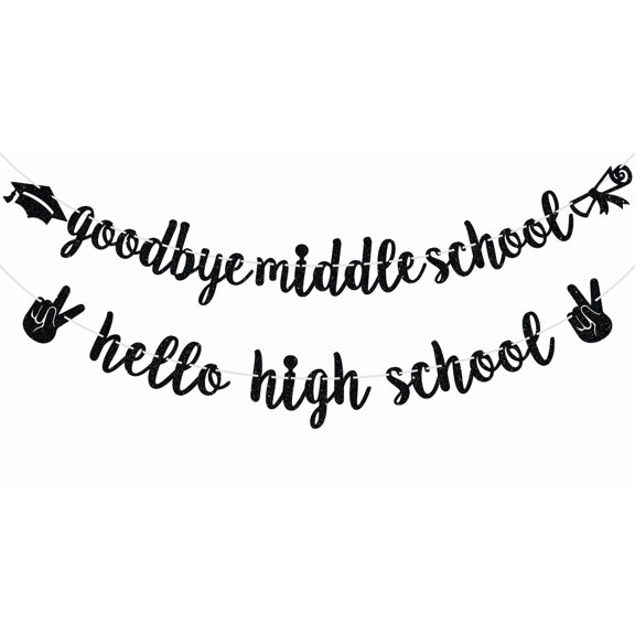 Goodbye Middle School Hello High School Banner, 8th Grad Grade/Congrats Grad, 2024 Meddile School Graduate Graduation Party Decorations Supplies for Boys Girls, Black Glitter