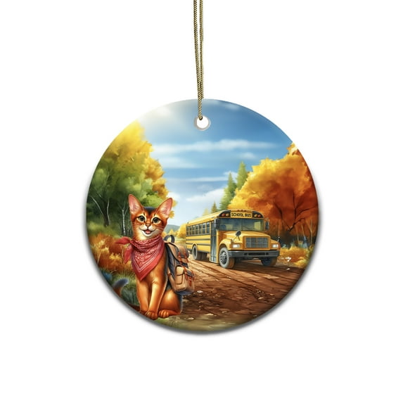 Goodbye Summer Abyssinian Hello Fall Time for School Ceramic Round Ornament Cat Lover Kitten Owner Gifts Home Tree Decor - 02014
