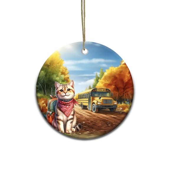 Goodbye Summer American Shorthair Hello Fall Time for School Ceramic Round Ornament Cat Lover Kitten Owner Gifts Home Tree Decor - 02014