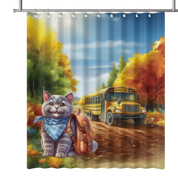 Goodbye Summer British Shorthair Hello Fall Time for School Shower Curtain Cat Lover Kitten Owner Gifts Waterproof Bathroom Bathtub Curtain - 02014