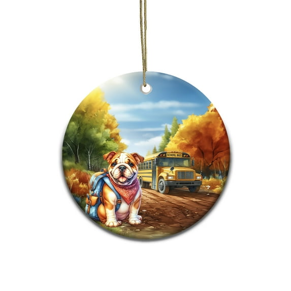 Goodbye Summer Bulldog Hello Fall Time for School Ceramic Round Ornament Dog Lover Gifts Idea Home Tree Decor - 02014