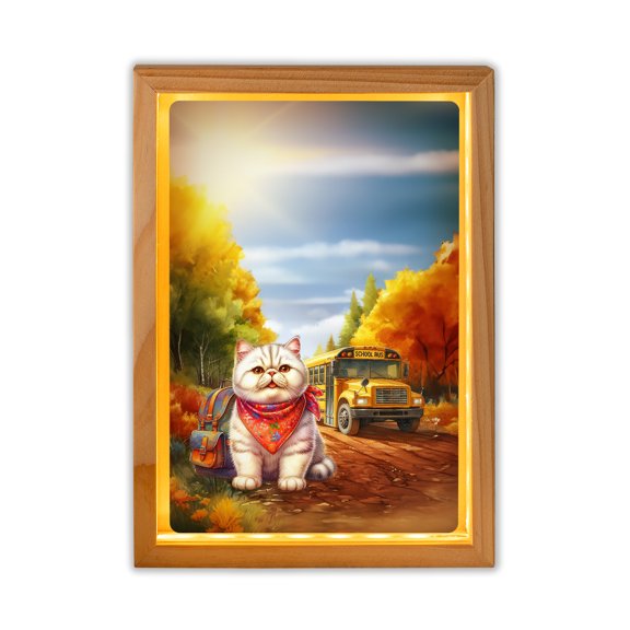 Goodbye Summer Exotic Shorthair Hello Fall Time for School Acrylic Plaque with Wood Photo Frame Box Cat Lover Kitten Owner Gifts Light Box - 02014