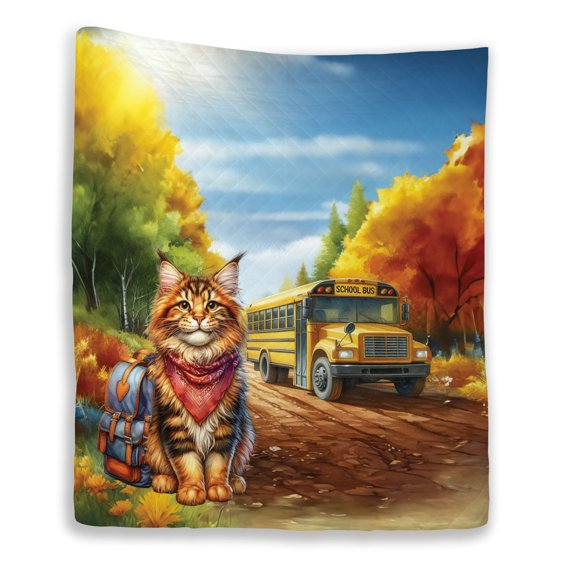 Goodbye Summer Maine Coon Hello Fall Time for School Quilt Blanket Cat Lover Kitten Owner Gifts Cozy Comforter Throw Blanket - 02014
