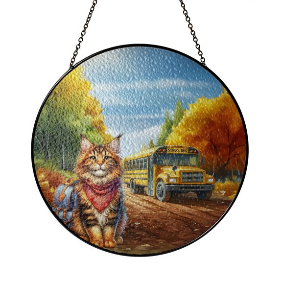 Goodbye Summer Maine Coon Hello Fall Time for School Stained Glass Suncatcher Cat Lover Kitten Owner Gifts Window Hanging Sign Decor - 02014