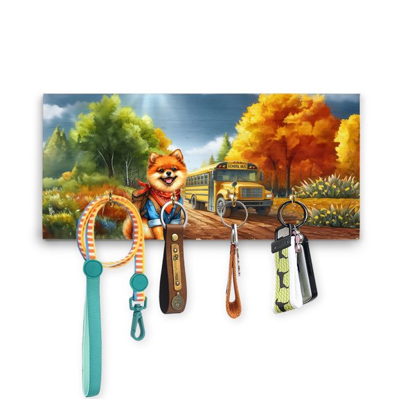 Goodbye Summer Pomeranian Hello Fall Time for School Wood Key Holder Pom Dog Lover Gifts Wall-mounted Key Rack Home Decor - 02014