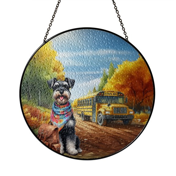 Goodbye Summer Schnauzer Hello Fall Time for School Stained Glass Suncatcher Miniature Schnauzer Dog Lover Window Hanging Sign Decor - 02014