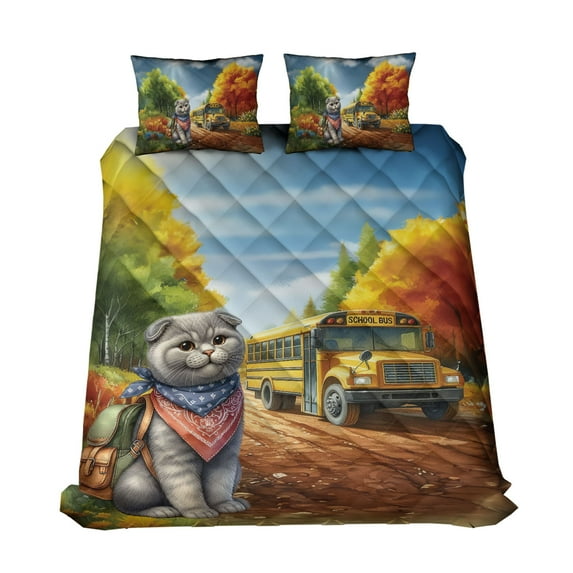 Goodbye Summer Scottish Fold Hello Fall Time for School Quilt Bedding Set Cat Lover Kitten Owner Gifts 1 Blanket Bed Cover 2 Pillowcases - 02014