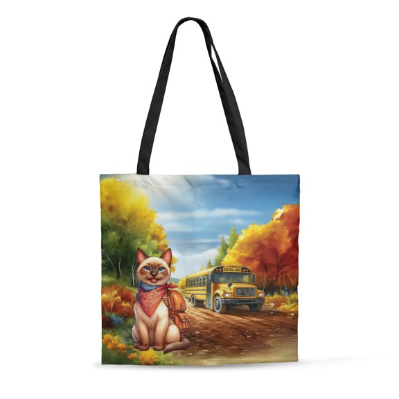Goodbye Summer Siamese Hello Fall Time for School All Over Print 3D Canvas Tote Bag Cat Lover Kitten Owner Gifts Reusable Handbag - 02014