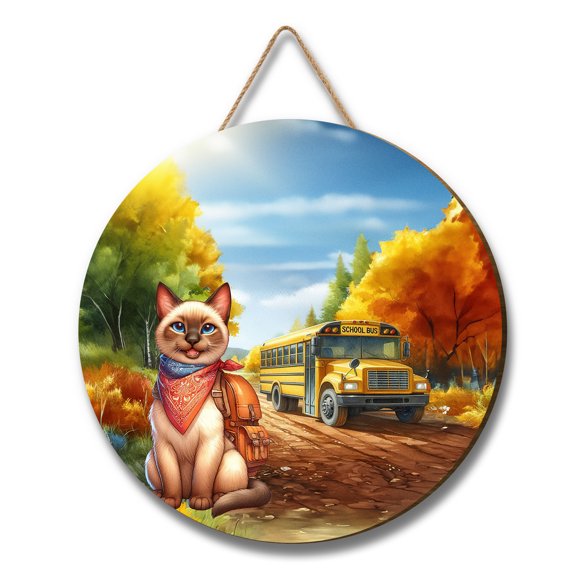 Goodbye Summer Siamese Hello Fall Time for School Round Wood Sign Cat Lover Kitten Owner Gifts Hanging Wall Home Decor - 02014