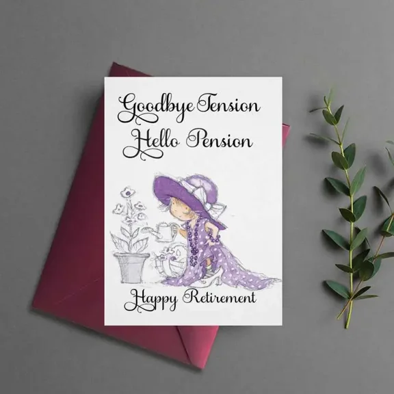 Goodbye Tension Hello Pension Retirement Card  Cute Illustration & Warm Wishes  Perfect for Celebrating New Beginnings  Envelope Included