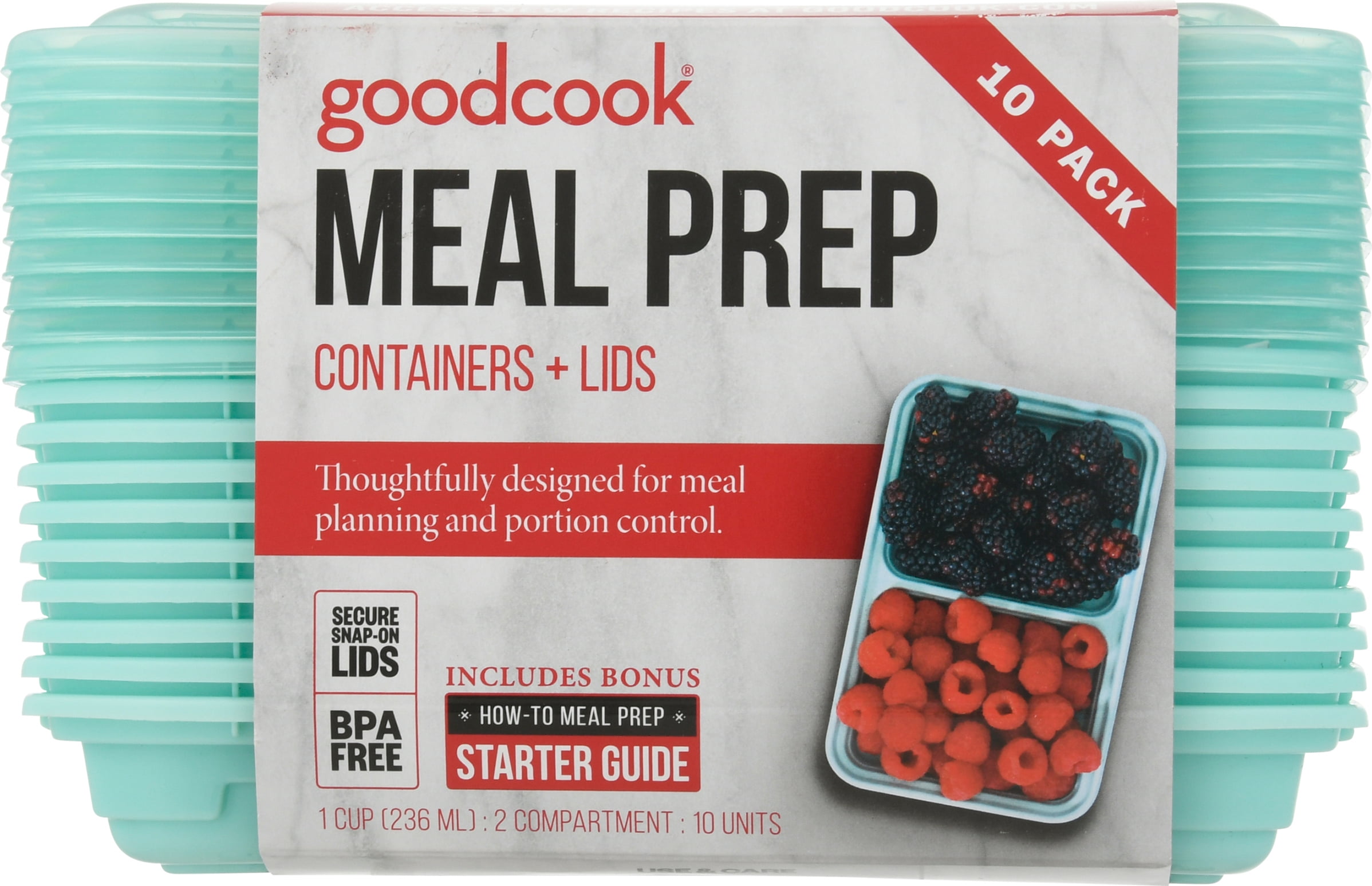 GoodCook Meal Prep 3 Compartment Rectangle White Containers + Lids