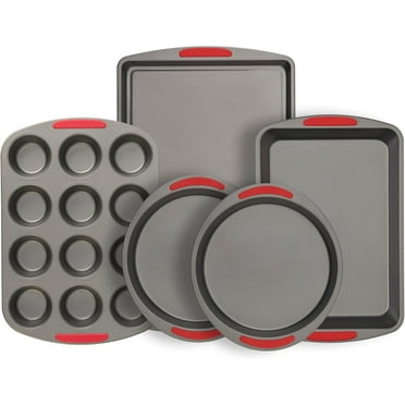 Goodcook Mega Grip 5-Piece Nonstick Steel Bakeware Set with Cookie Sheet, Roast Pan, 2 Cake Pans, and Muffin Pan, Gray (4251)