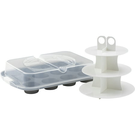 Goodcook Sweet Creations Nonstick Steel Cupcake Bake and Take Set with Cupcake Stand, 12 Cup, 3-Piece Set