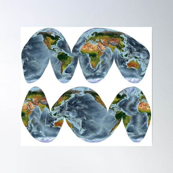 Goode Homolosine Land And Ocean - World Relief Map Showing Land And Oceans Poster Wall Art, Modern Wall Decor For Living Room Bedroom, 24x36 UNFRAMED