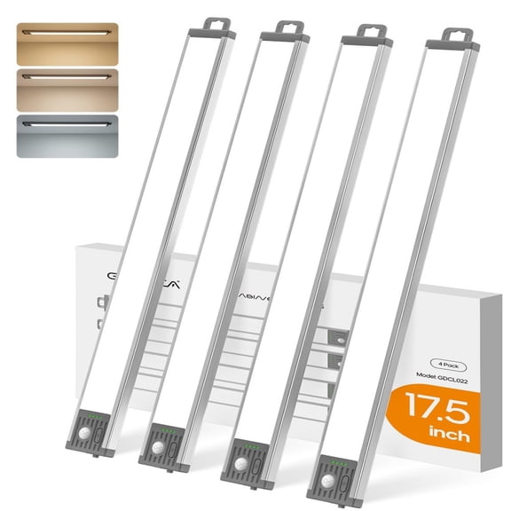 Goodea 17.5Inch Under Cabinet Lighting, 4500mAh Rechargeable Battery Motion Sensor Light Indoor, Wireless Under Cabinet Lights for Kitchen, Closet, 4 PACK