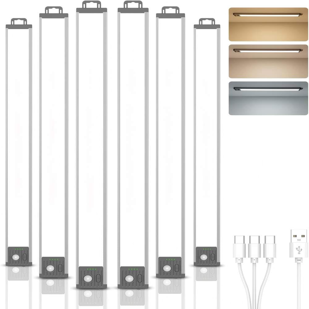 Goodea 17.5Inch Under Cabinet Lighting, 4500mAh Rechargeable Battery Motion Sensor Light Indoor, Wireless Under Cabinet Lights for Kitchen, Closet, 6 PACK