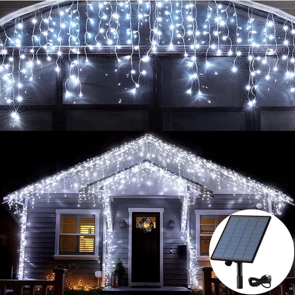 Goodea 33ft 190 LED Solar Icicle Lights Outdoor, 8 Modes Waterproof Curtain Lights with Intelligent Timer, Fairy String Lights for Christmas Halloween Eaves, Roof, Holiday, Party Decor, White