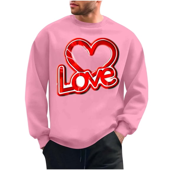 Goodeals 2025 Happy Valentine's Day Sweatshirts for Men Gift for His Love Heart Printed Graphic Pullover Sweatshirt Cute Long Sleeve Crew Neck Casual Tops(Pink,XXL)Saving