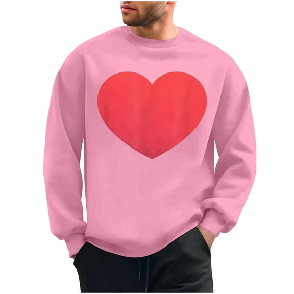2025 Men's Cute Heart Print Pullover Tops Fleece Sweatshirts Trendy Valentines Day Shirts Comfy Long Sleeve Casual Crewneck Sweatshirt(Pink,XXL)