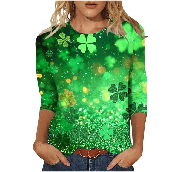 Goodeals 2025 St Patricks Day Tee Shirts for Women Funny Festival Blouse Sparkler Lucky Shamrock Clover Graphic Tees Fashion 3/4 Sleeve Clothes(Green,XXXXXL)