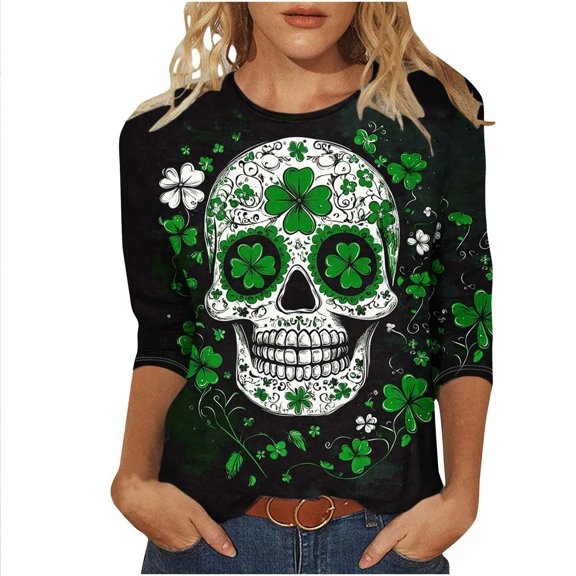 Goodeals 2025 St Patricks Day Tee Shirts for Women Funny Festival Blouse Sparkler Lucky Shamrock Clover Graphic Tees Fashion 3/4 Sleeve Clothes(Green,XXXXXL)