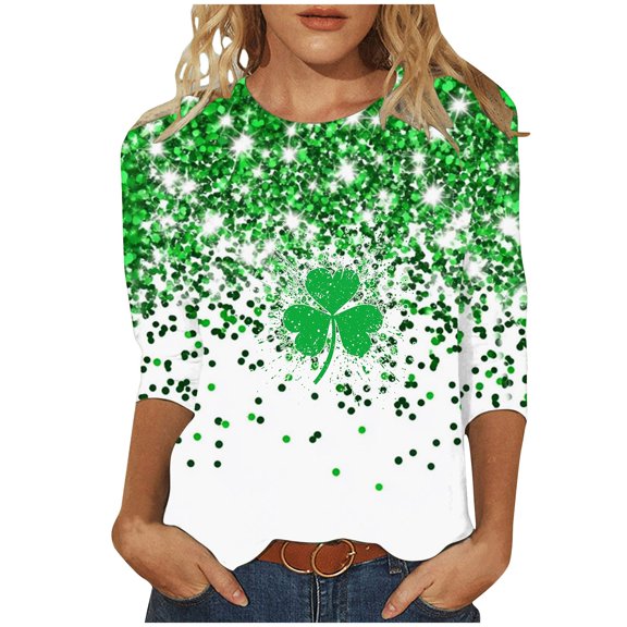 Goodeals 2025 St Patricks Day Tshirt for Women Shamrock Lucky St Patty's Day Top Soft 3/4 Sleeve Blouse Funny Irish Print St Patricks Cute Tops(Multicolor,XXL)
