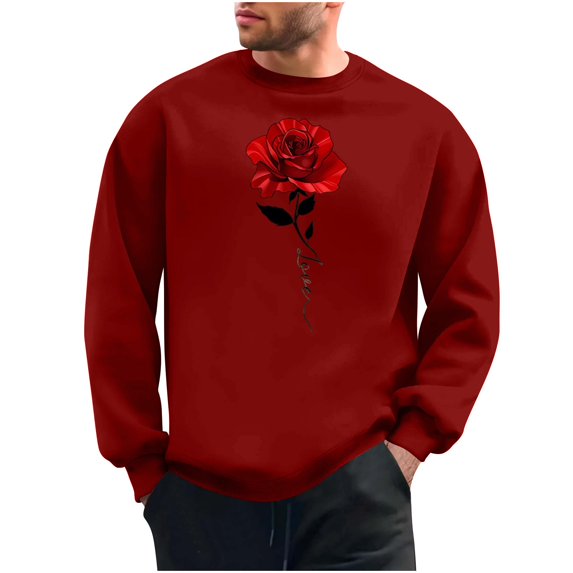Goodeals 2025 Valentine's Day Sweatshirt Men Funny Rose Graphic Shirt Casual Long Sleeve Valentine Pullover Tops(Red,XL)Clearance
