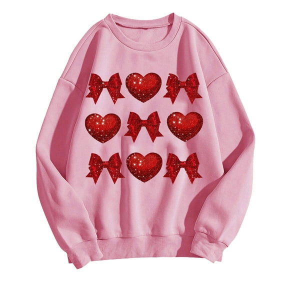 Goodeals 2025 Valentine's Day Sweatshirt Womens Bow Shirt Cute Lover Heart Graphic Long Sleeve Crewneck Pullover Trendy Spring Clothes Tops(Pink,L)Reduced